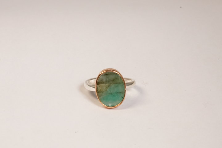 Anello in argento e bronzo con acqua marina